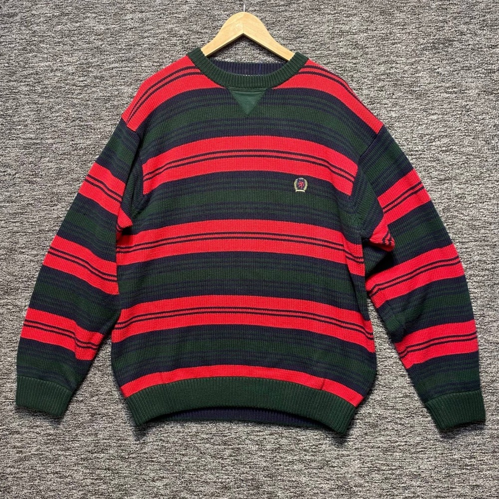 VTG Tommy Hilfiger Sweater Mens L Striped Knit Red Green Navy Crest Logo 90s